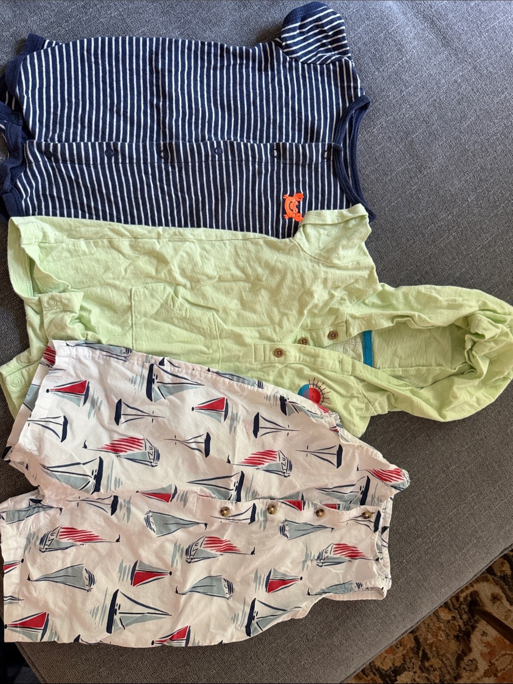 Carter's Set of 3 Baby Rompers - Navy Stripe, Light Green & Sailboat Print